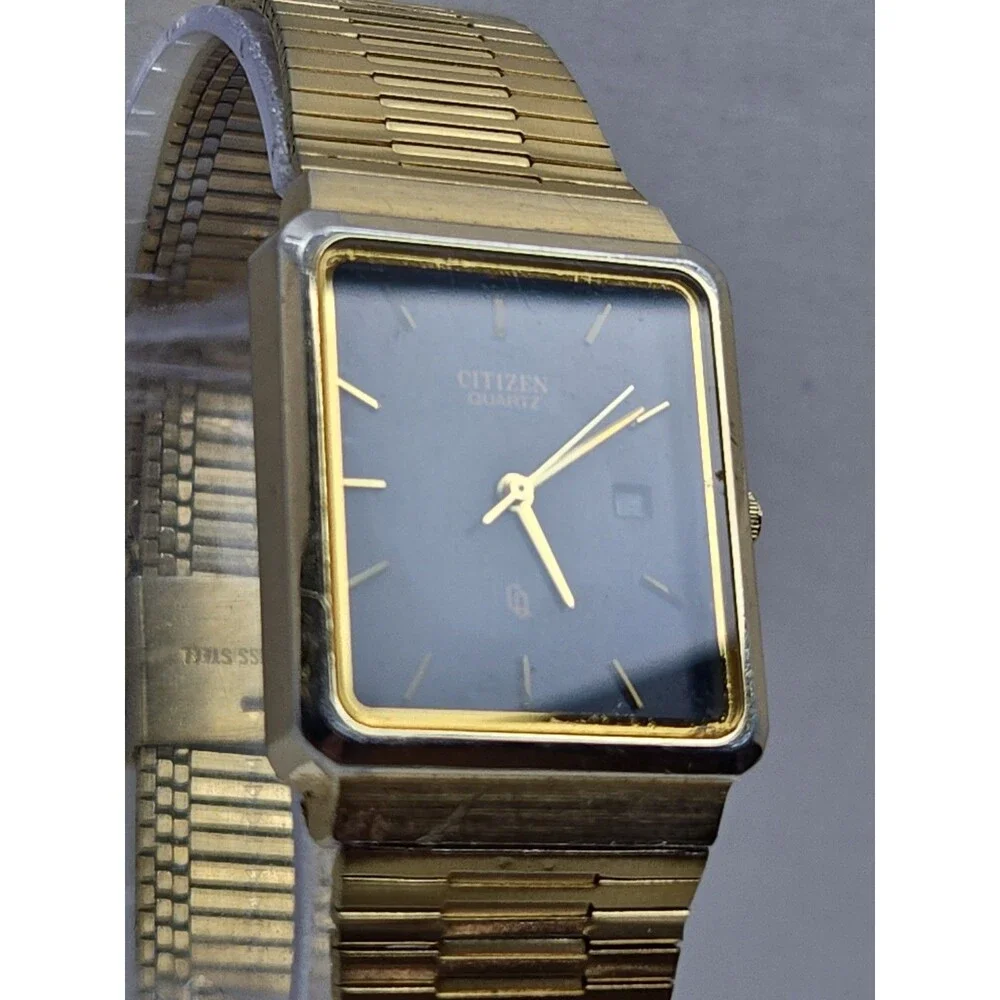 Vintage Citizen Mens Quartz Gold Tone Tank Black Dial Calendar Watch New Battery